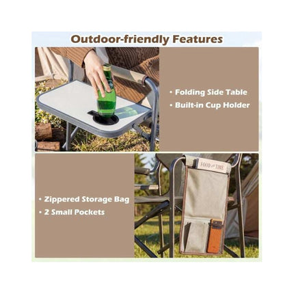 Folding Director's Chair with Side Table and Cup Holder, Brown-Grey, 180 kg