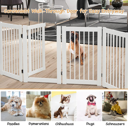 Folding Dog Gate, 4-Panel Pine Wood, Walk-Through Door, White