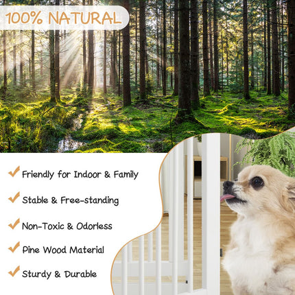 Folding Dog Gate, 4-Panel Pine Wood, Walk-Through Door, White