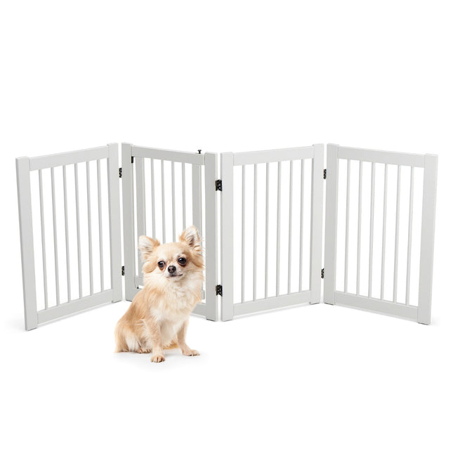 Folding Dog Gate, 4-Panel Pine Wood, Walk-Through Door, White