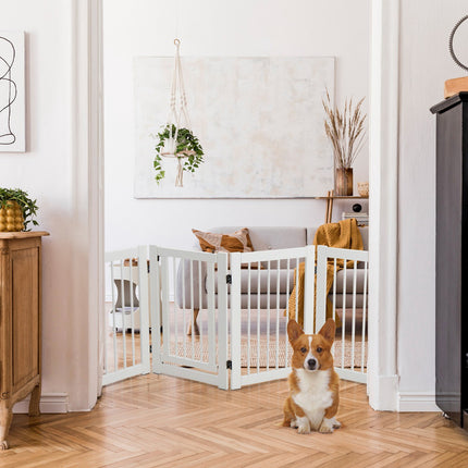 Folding Dog Gate, 4-Panel Pine Wood, Walk-Through Door, White