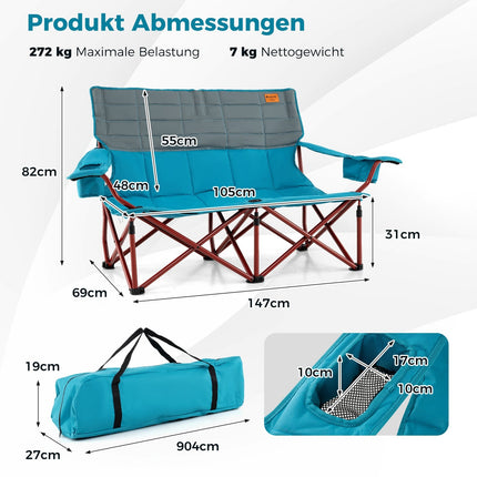 Folding Double Camping Chair, Adjustable Armrests, Navy