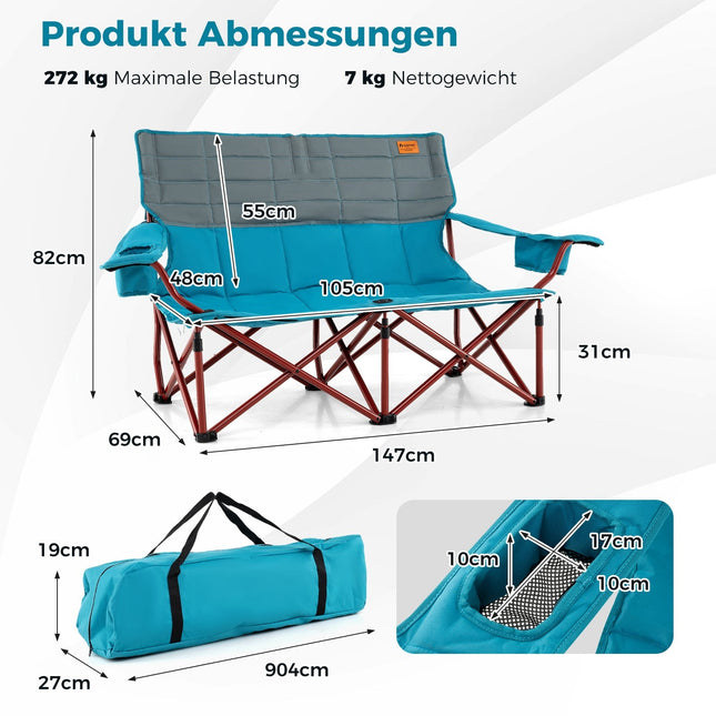 Folding Double Camping Chair, Adjustable Armrests, Navy