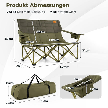 Folding Double Camping Chair for 2 with Adjustable Armrests