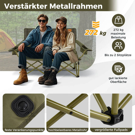 Folding Double Camping Chair for 2 with Adjustable Armrests
