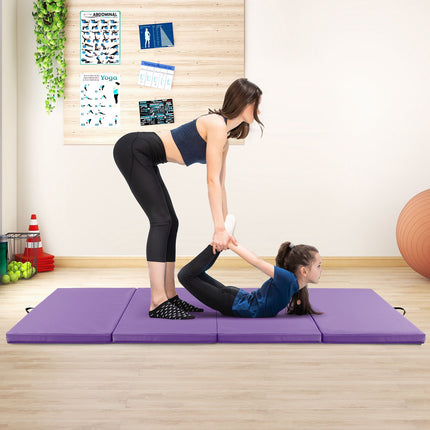 Folding Exercise Mat, 4-Panel PU Leather, Handles, Purple