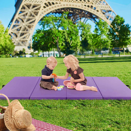 Folding Exercise Mat, 4-Panel PU Leather, Handles, Purple