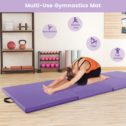 Folding Exercise Mat, 4-Panel PU Leather, Handles, Purple