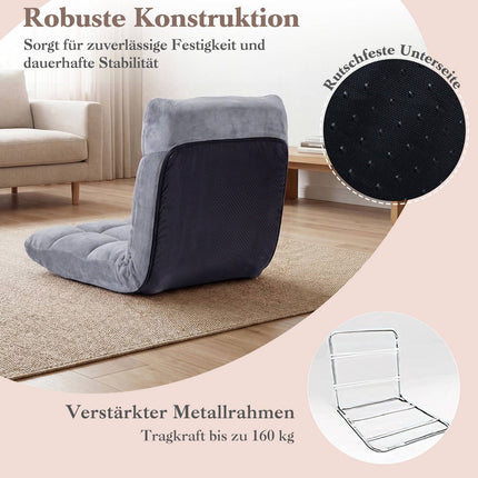 Folding Floor Chair, Adjustable Backrest, Grey, Coral Fleece