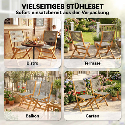 Folding Garden Chairs Set of 2, Acacia Wood & PE Rattan
