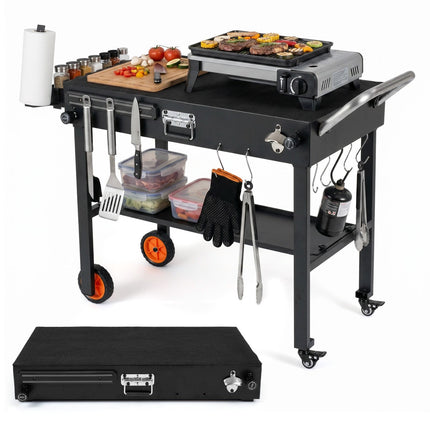 Folding Grill Cart for 17/22 Inch Griddles, Black Steel