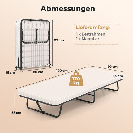 Folding Guest Bed with Memory Foam Mattress, 190x80 cm