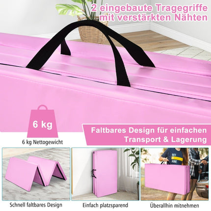 Folding Gym Mat, Pink, 240x120x5 cm, Non-Slip, Portable