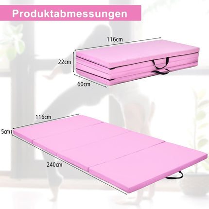 Folding Gym Mat, Pink, 240x120x5 cm, Non-Slip, Portable