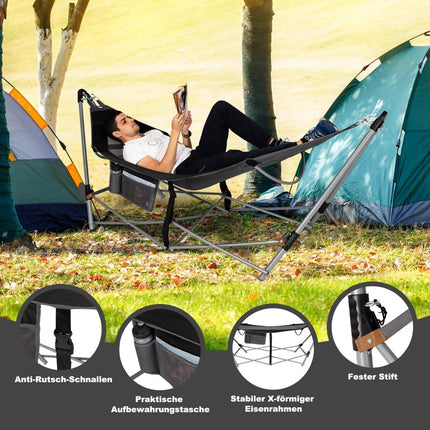 Folding Hammock with Stand, Side Pocket, 150kg Capacity