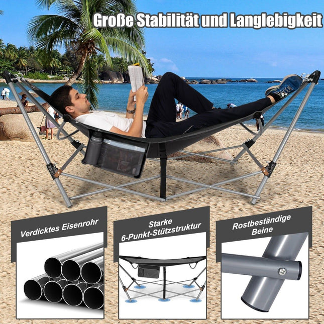 Folding Hammock with Stand, Side Pocket, 150kg Capacity