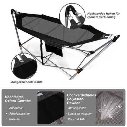 Folding Hammock with Stand, Side Pocket, 150kg Capacity