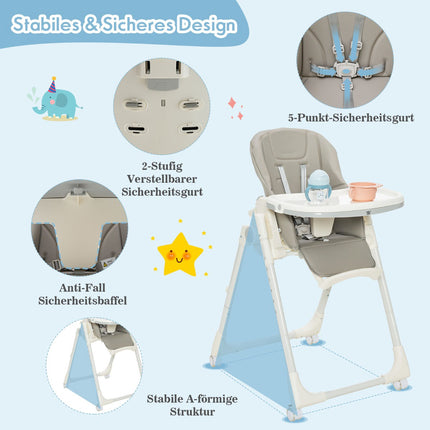 Folding High Chair, 6-Level Height, Recline, 360 Wheels