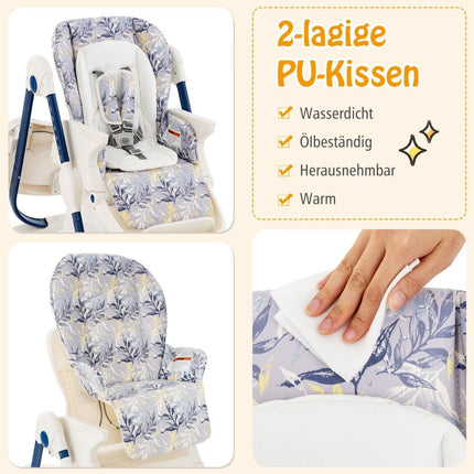 Folding High Chair with Wheels & Adjustable Height & Footrest & Backrest Baby Seat Navy Blue