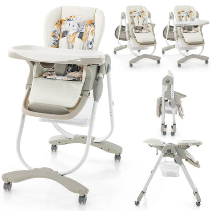 Folding High Chair with Wheels & Adjustable Height & Footrest & Backrest Baby Seat White