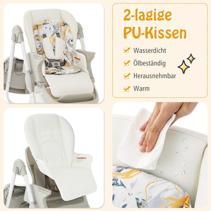 Folding High Chair with Wheels & Adjustable Height & Footrest & Backrest Baby Seat White