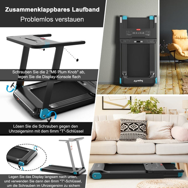 Folding Home Treadmill with Bluetooth Speaker & LED Display and Device Holder Navy Blue
