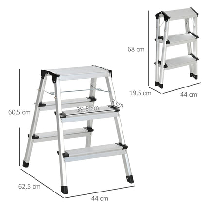 Folding aluminum ladder, space-saving, 3 steps, non-slip