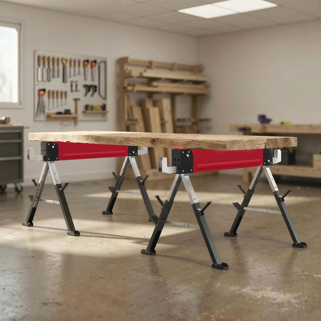 Folding Metal Sawhorse Set, 1160kg Capacity, Adjustable Height