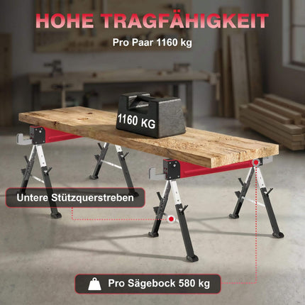 Folding Metal Sawhorse Set, 1160kg Capacity, Adjustable Height