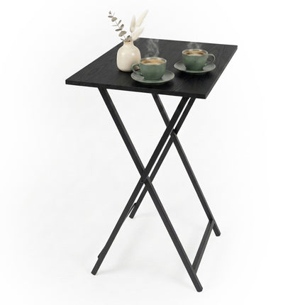 Folding Metal Side Table with Wood-Effect Top, Black