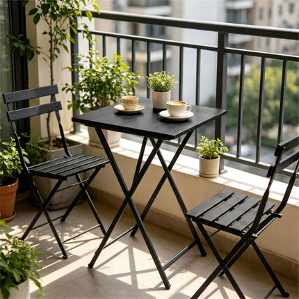 Folding Metal Side Table with Wood-Effect Top, Black