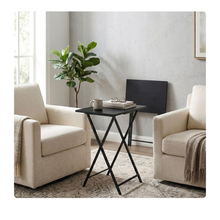 Folding Metal Side Table with Wood-Effect Top, Black