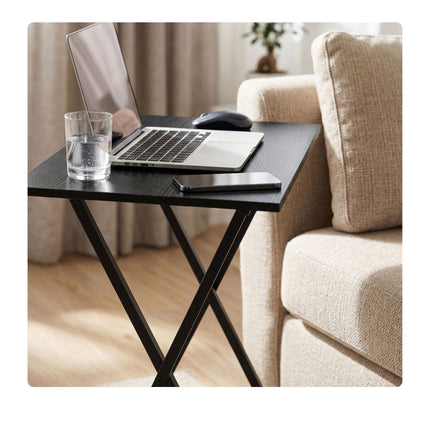 Folding Metal Side Table with Wood-Effect Top, Black