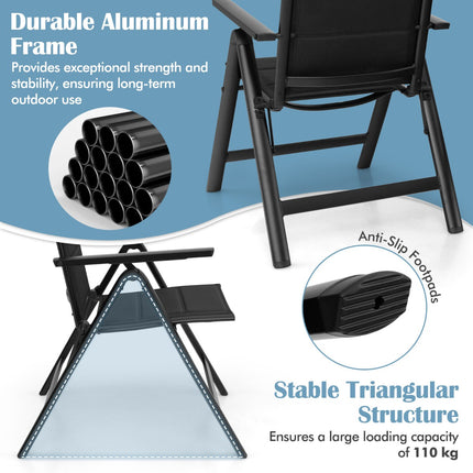 Folding Outdoor Dining Chair, Padded Seat, 7-Position Back, Black