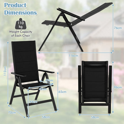 Folding Outdoor Dining Chair, Padded Seat, 7-Position Back, Black