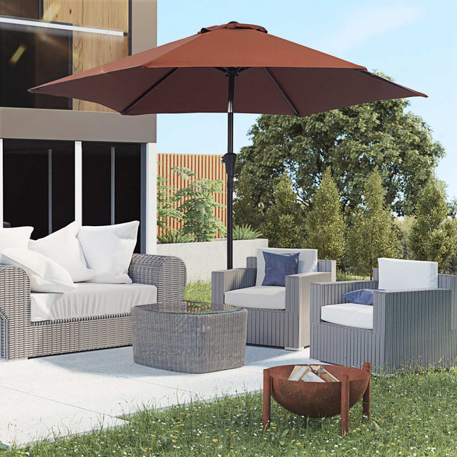 Brown foldable parasol with hand crank, aluminum frame