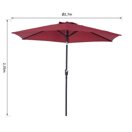 Red folding parasol, hand crank, 2.7 m aluminum frame