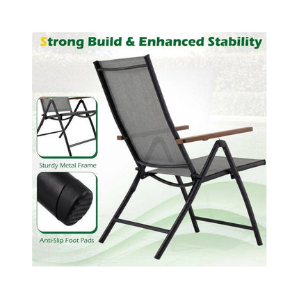 Folding Patio Chairs Set of 4 with Adjustable Backrest, Grey, Breathable Fabric