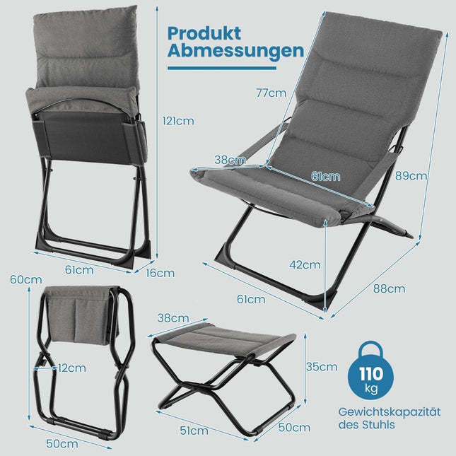 Folding Patio Chair with Ottoman & Removable Cushion Outdoor Lounger Gray