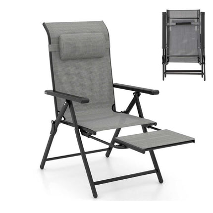 Folding Patio Lounge Chair – 10-Position Footrest, Grey