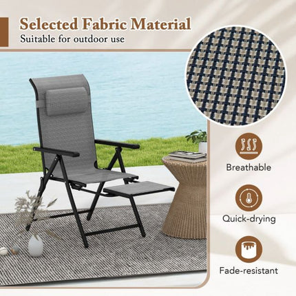 Folding Patio Lounge Chair – 10-Position Footrest, Grey