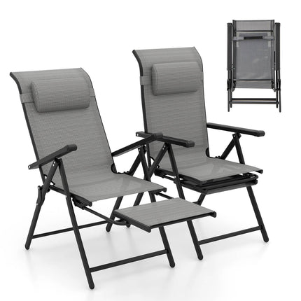 Folding Patio Lounge Chairs, Set of 2, Adjustable Footrest, Grey
