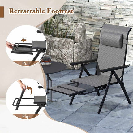 Folding Patio Lounge Chairs, Set of 2, Adjustable Footrest, Grey