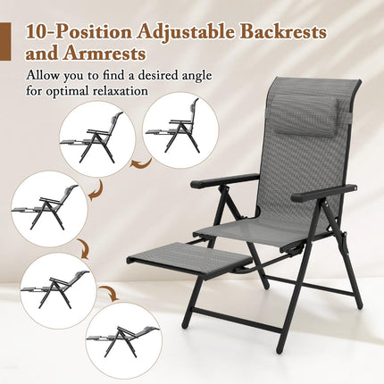 Folding Patio Lounge Chairs, Set of 2, Adjustable Footrest, Grey