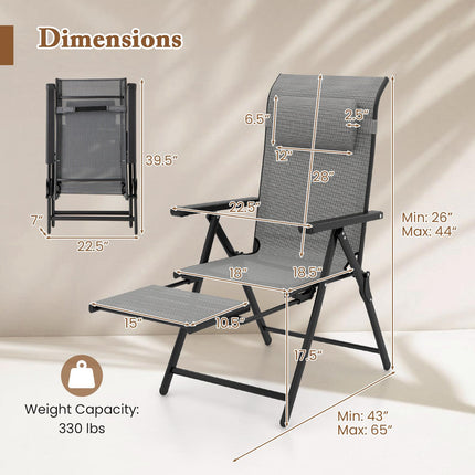 Folding Patio Lounge Chairs, Set of 2, Adjustable Footrest, Grey