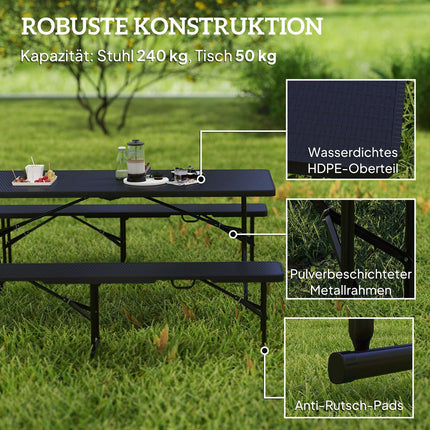 Folding Picnic Table Set, 3-Piece, Black, HDPE & Metal