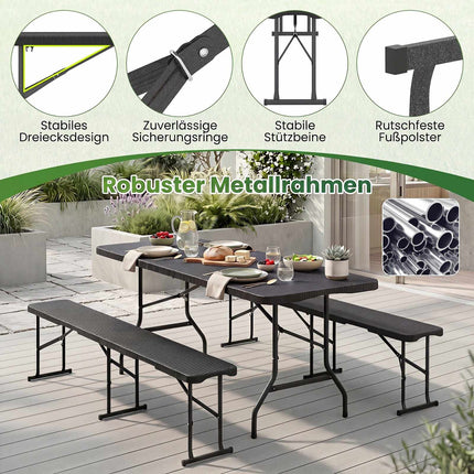 Folding Rattan-Look Beer Bench, Black, 182cm, Portable