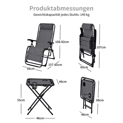 Folding Reclining Patio Chair Set, 2 Chairs and Table
