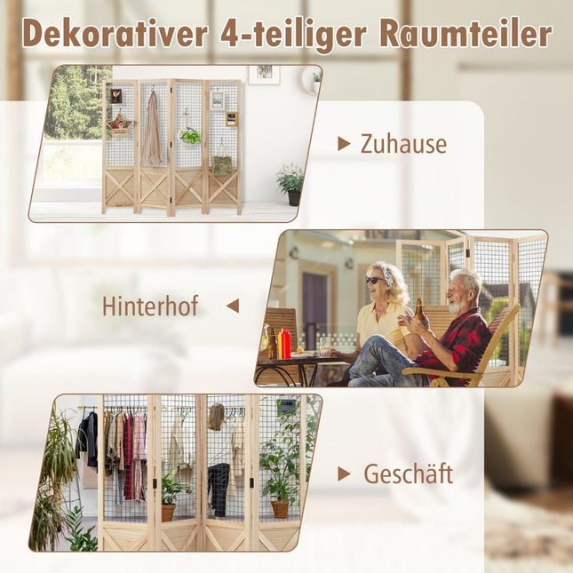 Folding Room Divider, 151x144 cm, 4-Panel Wood Screen