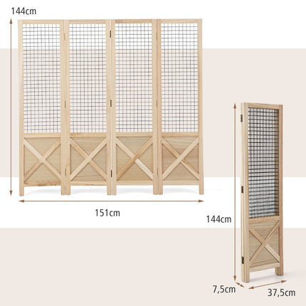 Folding Room Divider, 151x144 cm, 4-Panel Wood Screen